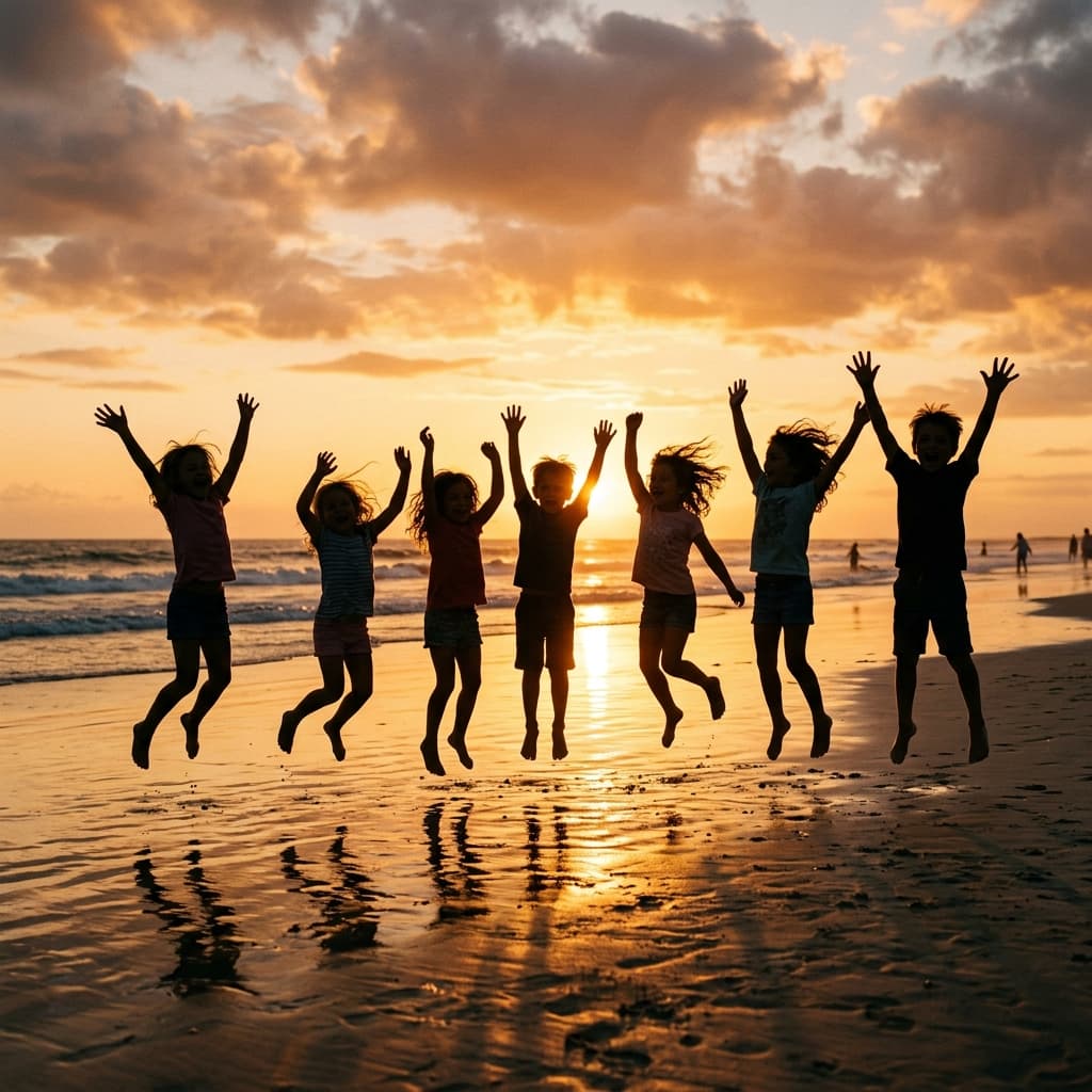 Silhouettes of children celebrating hope at sunset